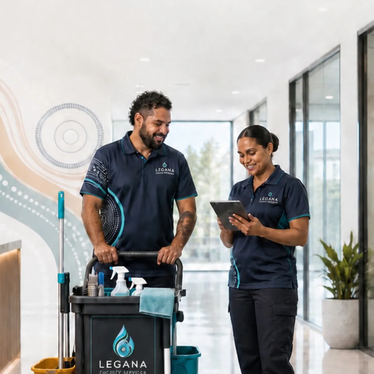 Legana cleaning crew working together in a bright commercial interior